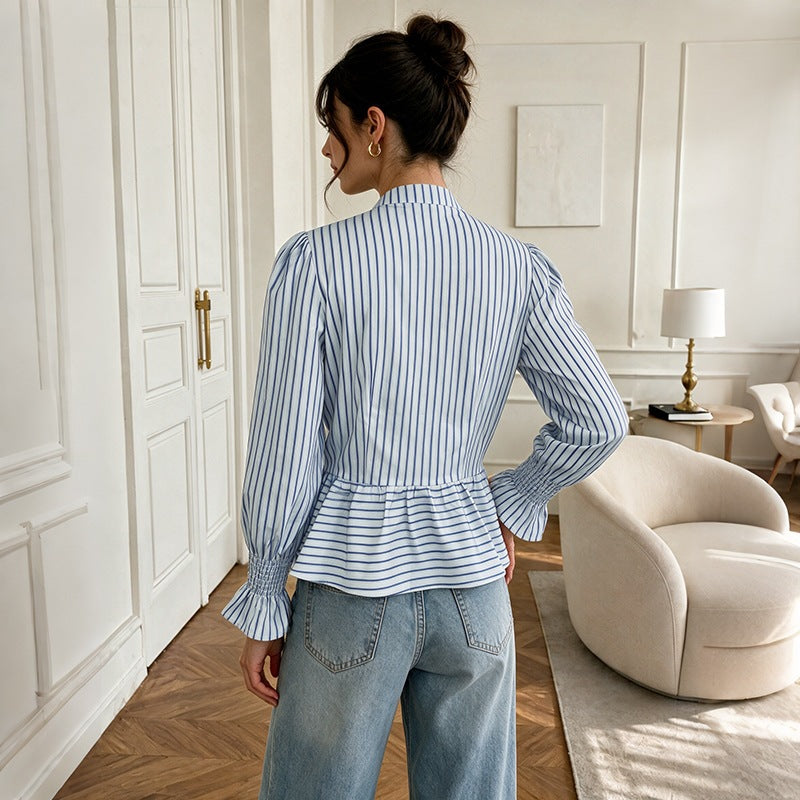 Blue Striped Mandarin Collar Frog Button Blouse