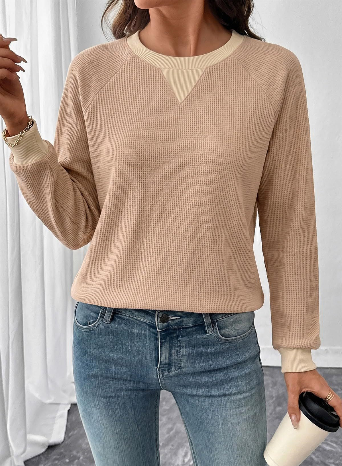 Contrast Waffle Knit Long Sleeve Casual Pullover Top