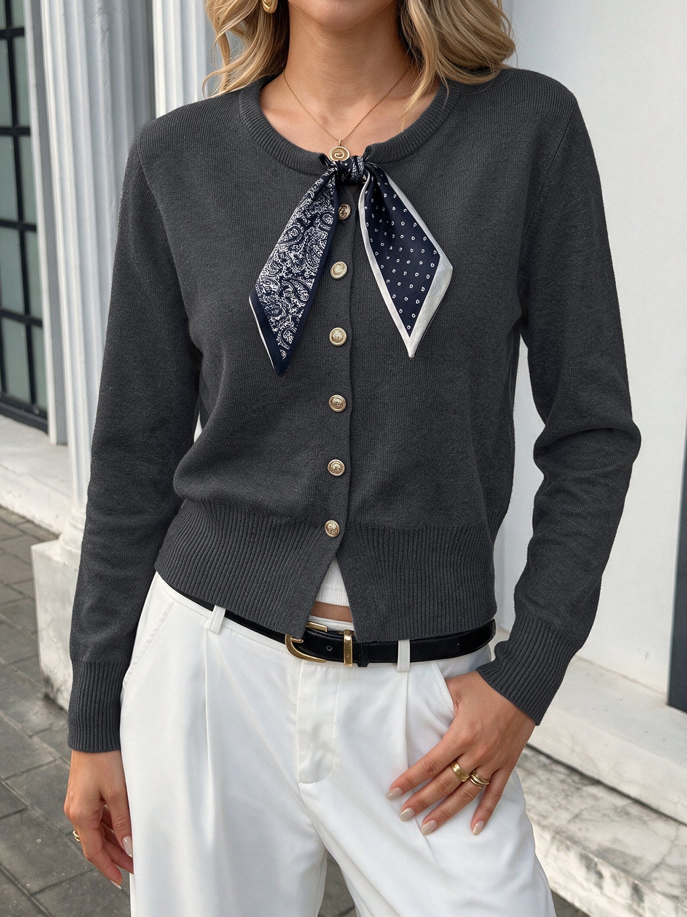 Bow Scarf Button Knit Cardigan Crew Neck Sweater
