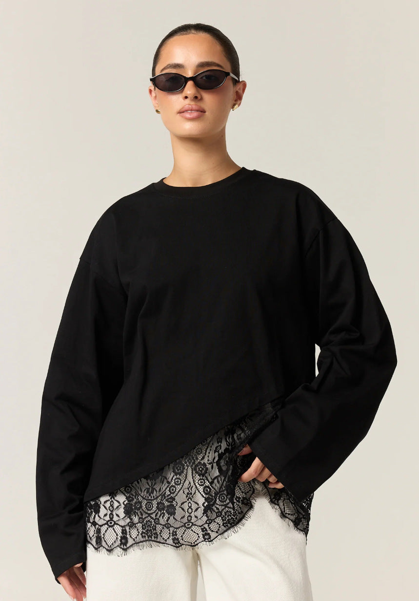 Women's Asymmetrical Lace Trim Long Sleeve Top