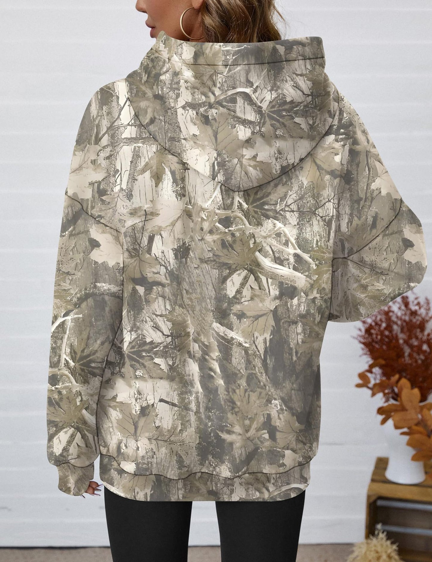 Camo Leaf Print Hoodie Women Oversized Casual Pullover