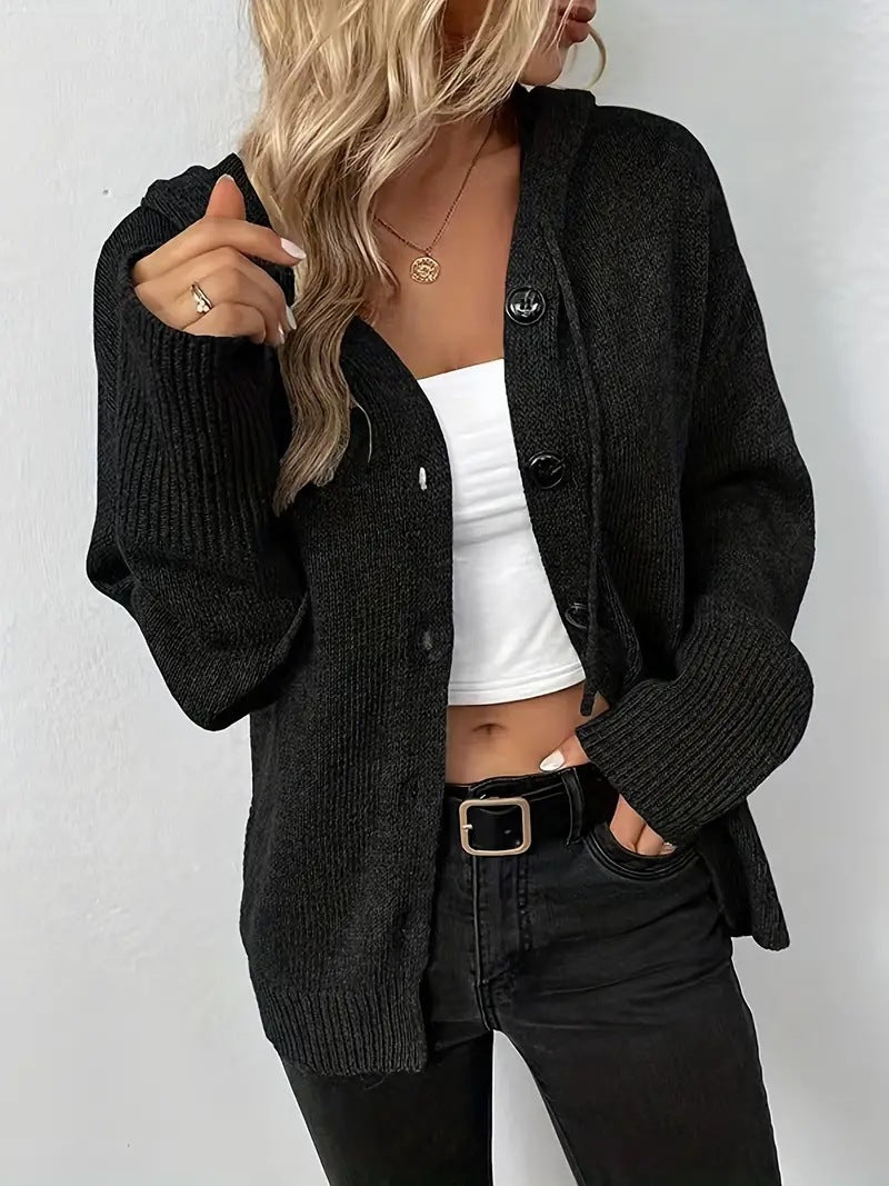 Solid Hooded Knit Cardigan Button Front Relaxed Fit