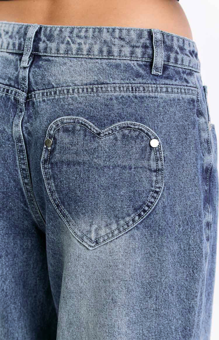 Washed Denim Jeans Vintage Mid Rise Baggy Wide Leg