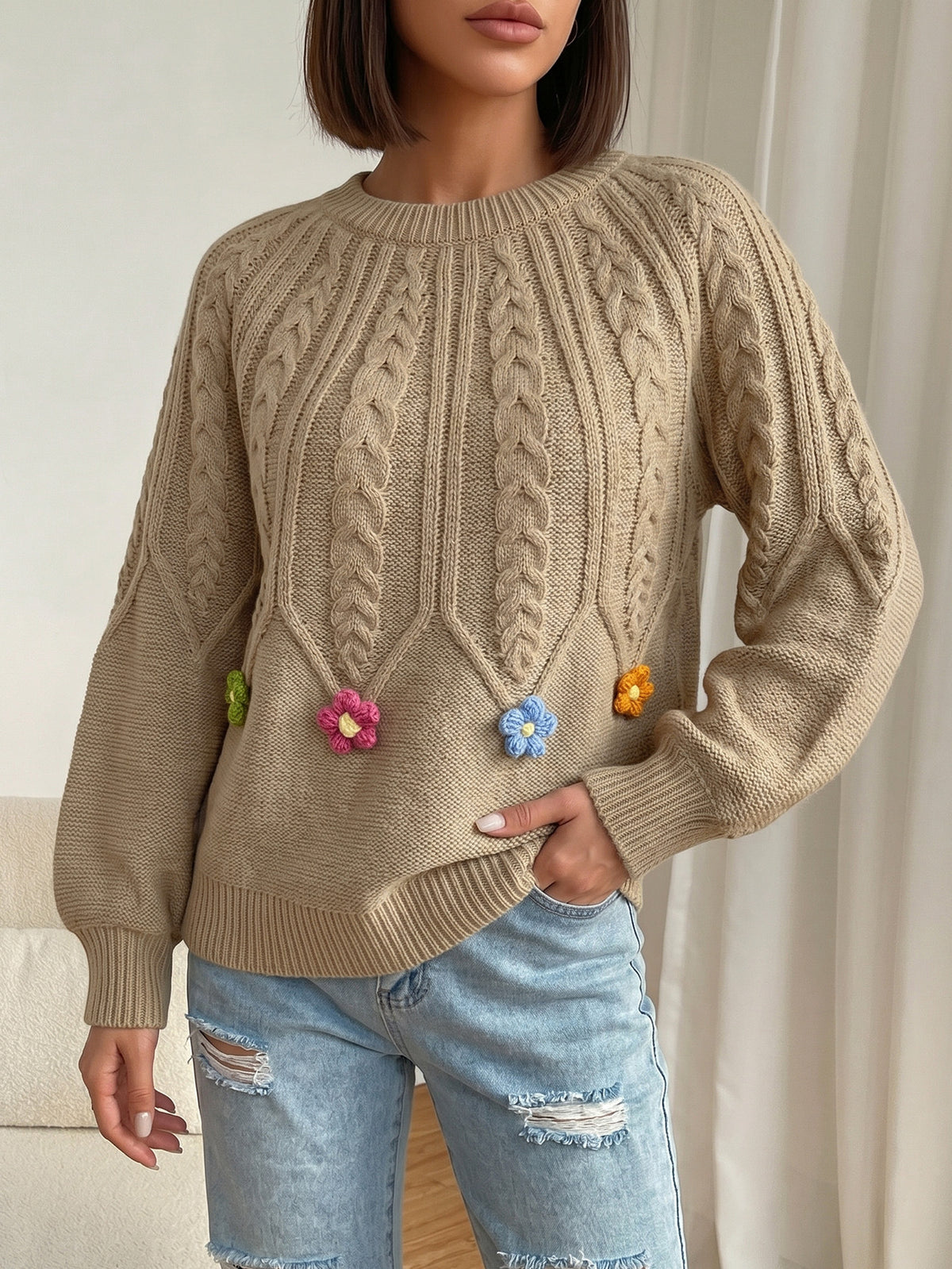 Women's Cable Knit Balloon Sleeve 3D Floral Sweater