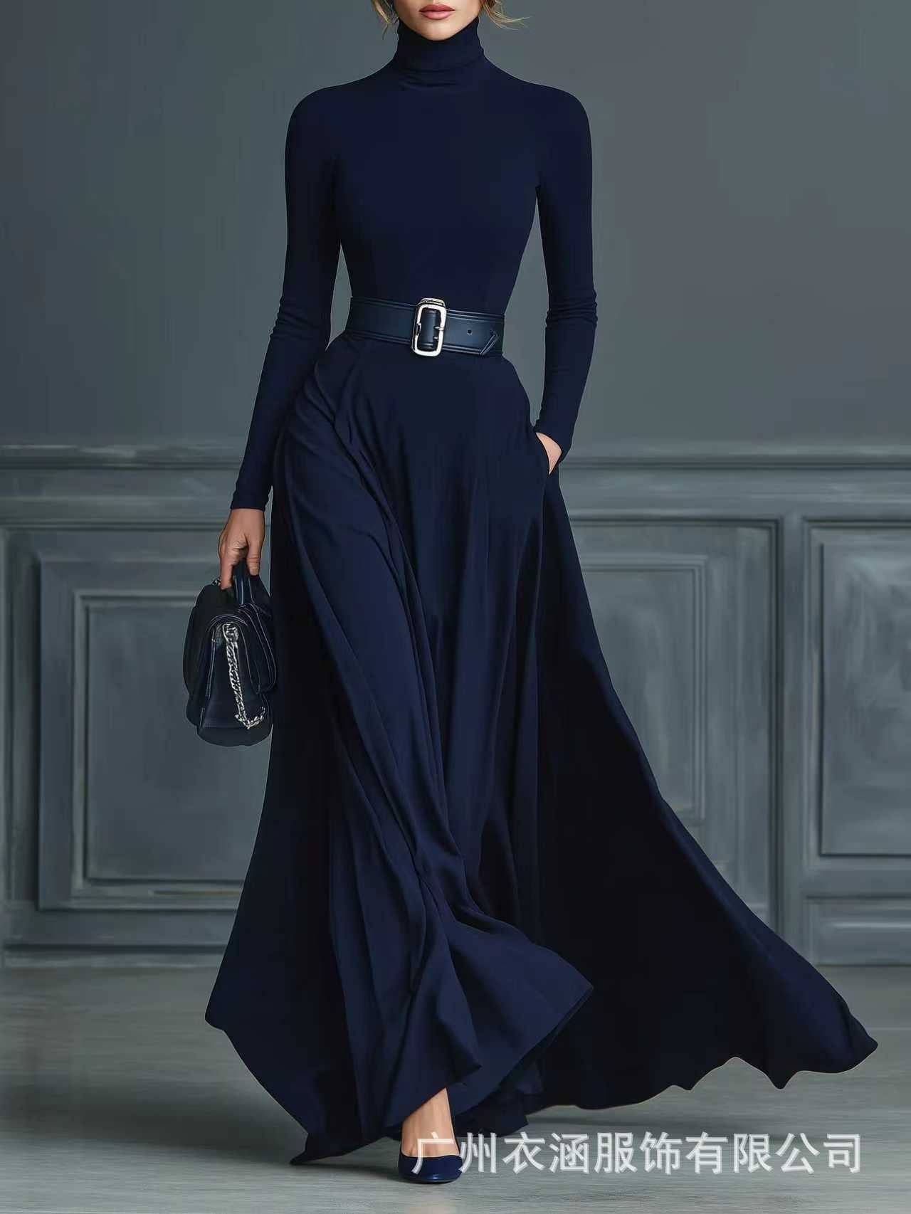 Women's Turtleneck Fit & Flare Long Sleeve Maxi Dress