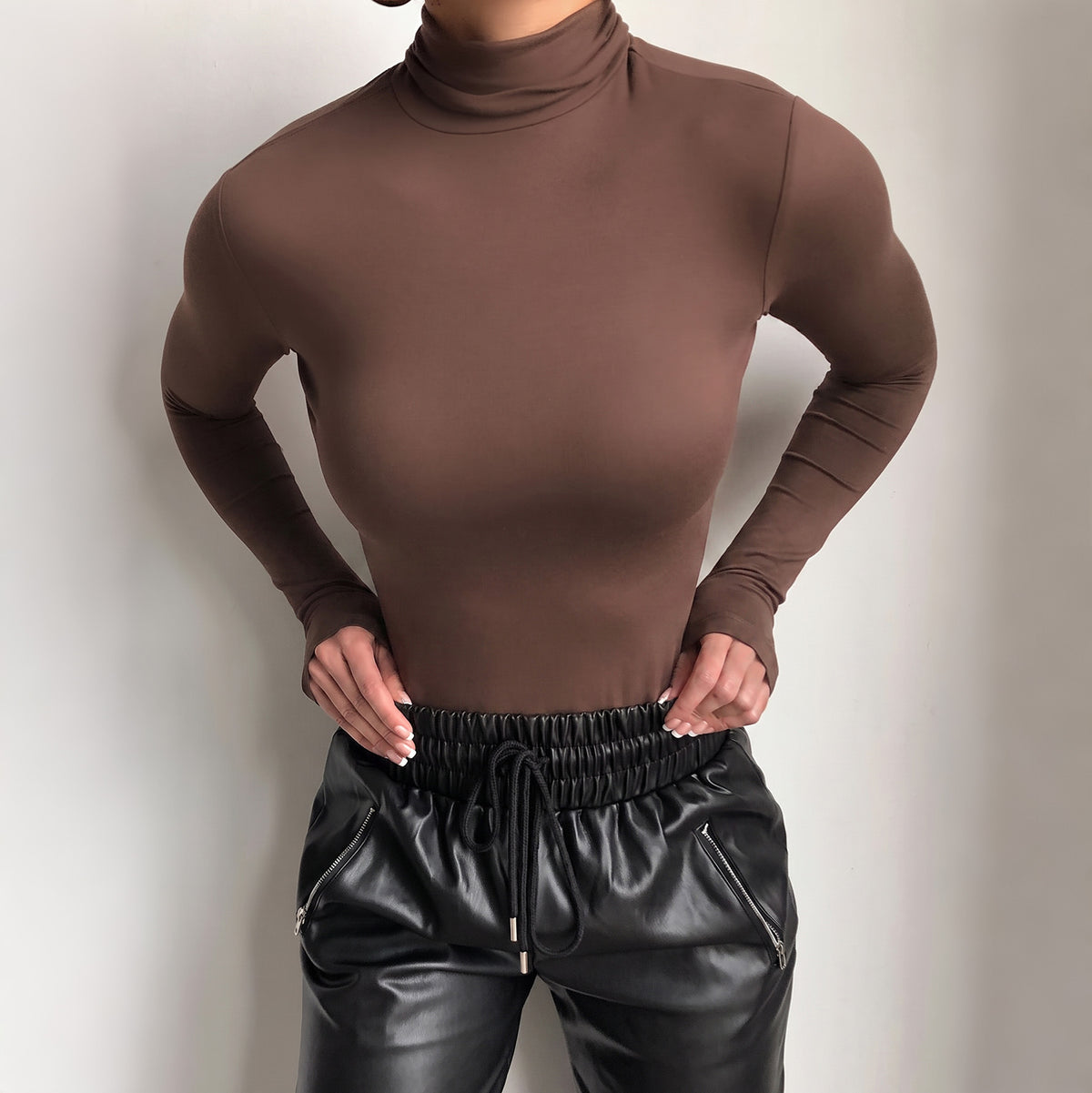 Brown Mock Neck Long Sleeve Fitted Crop Top
