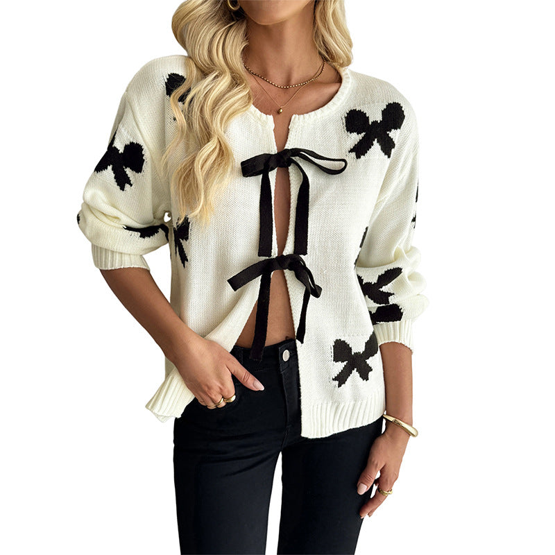 Sweet Bow Knitted Long-sleeved Cardigan