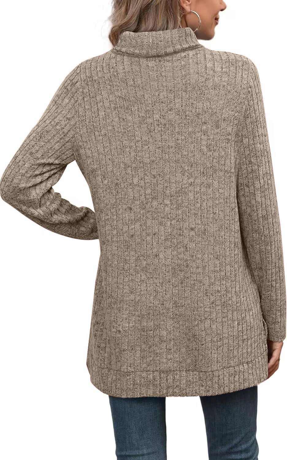 Women's Oversized Ribbed Turtleneck Long Sleeve Slit Tunic