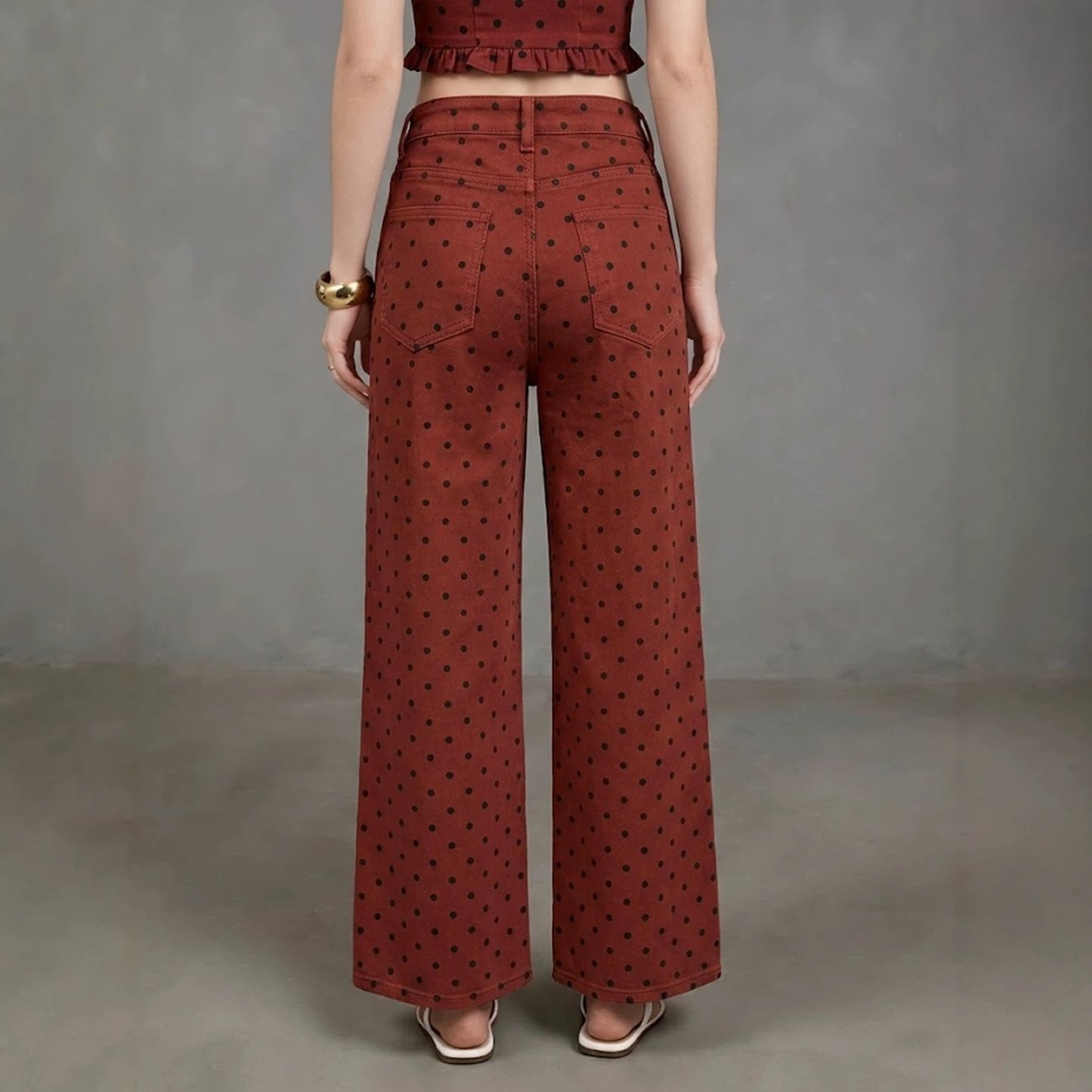 Polka Dot Denim Jeans Vintage High Waist Wide Leg