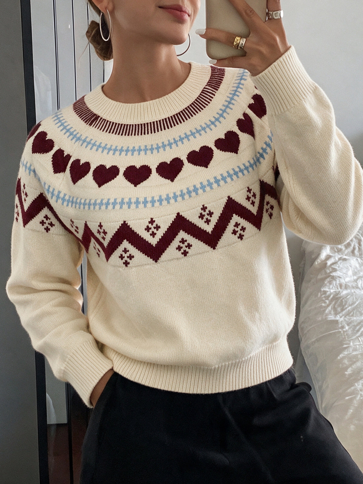 Women's Fair Isle Heart Crew Neck Knit Sweater