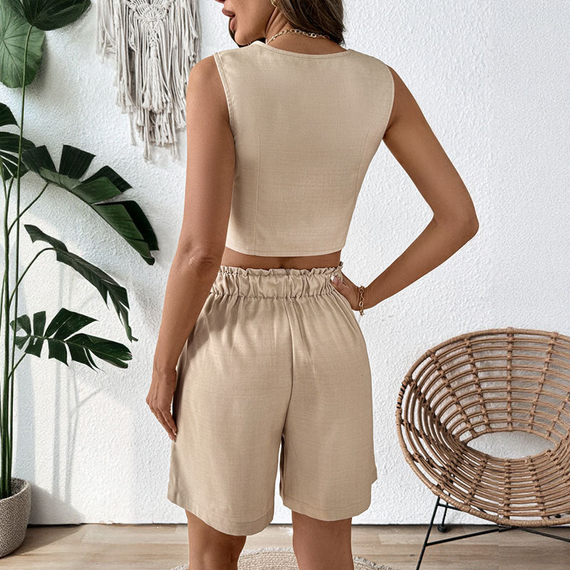 High Waist Shorts and Button Front Vest Matching Set
