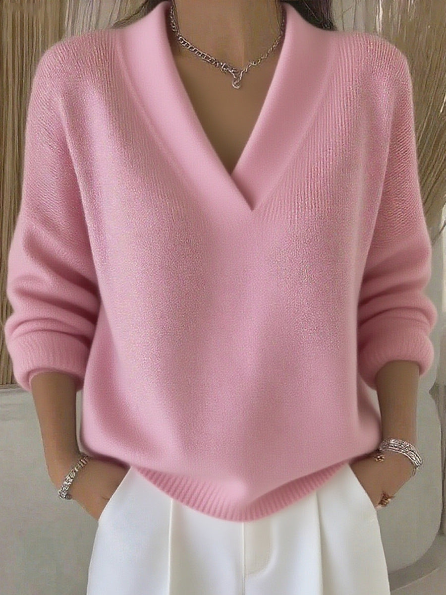 Women’s V Neck Knit Sweater Long Sleeve Loose Pullover Top