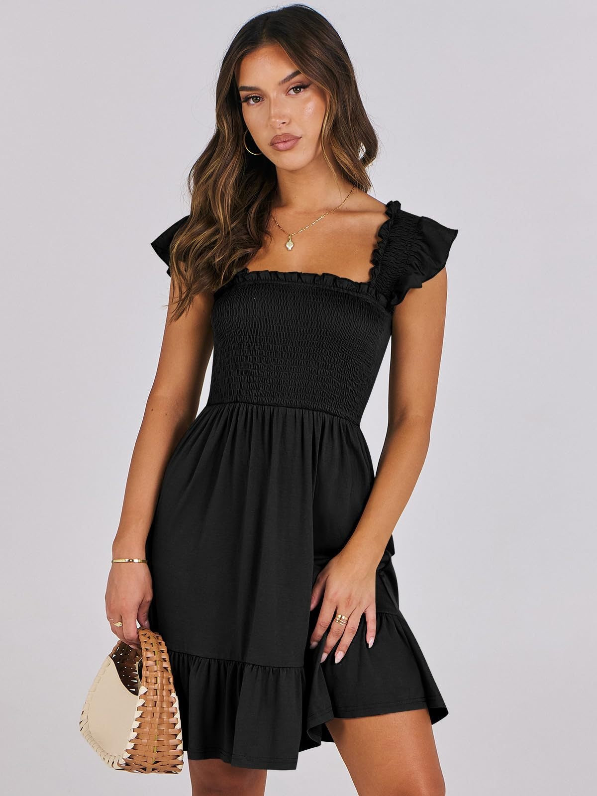Women’s Smocked Square Neck Ruffle Sleeve Mini Dress Casual Summer Flowy A Line Dress