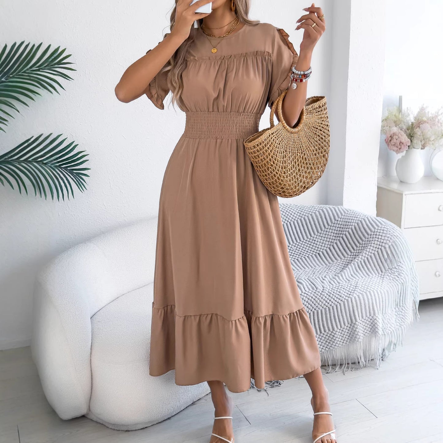 Green Smocked Waist Ruffle Hem Short Sleeve Maxi Dress