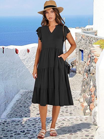 V Neck Flutter Sleeve Tiered Midi Dress with Pockets