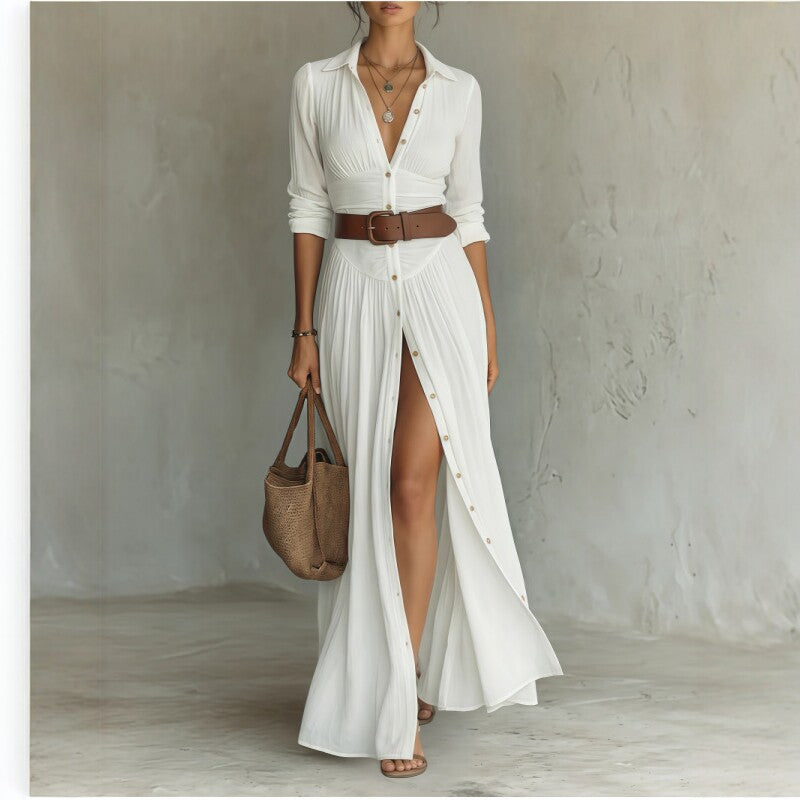 Belted V Neck Maxi Shirt Dress with Front Slit