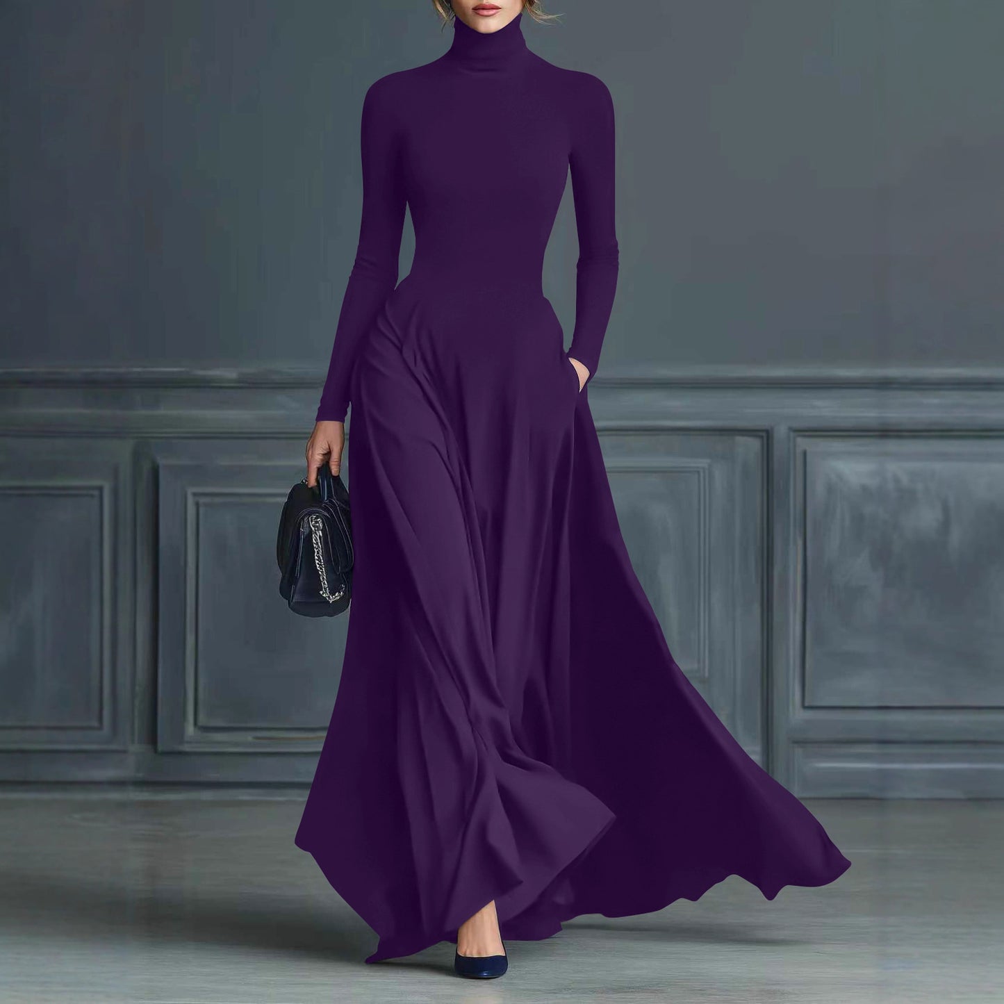 Women's Turtleneck Fit & Flare Long Sleeve Maxi Dress
