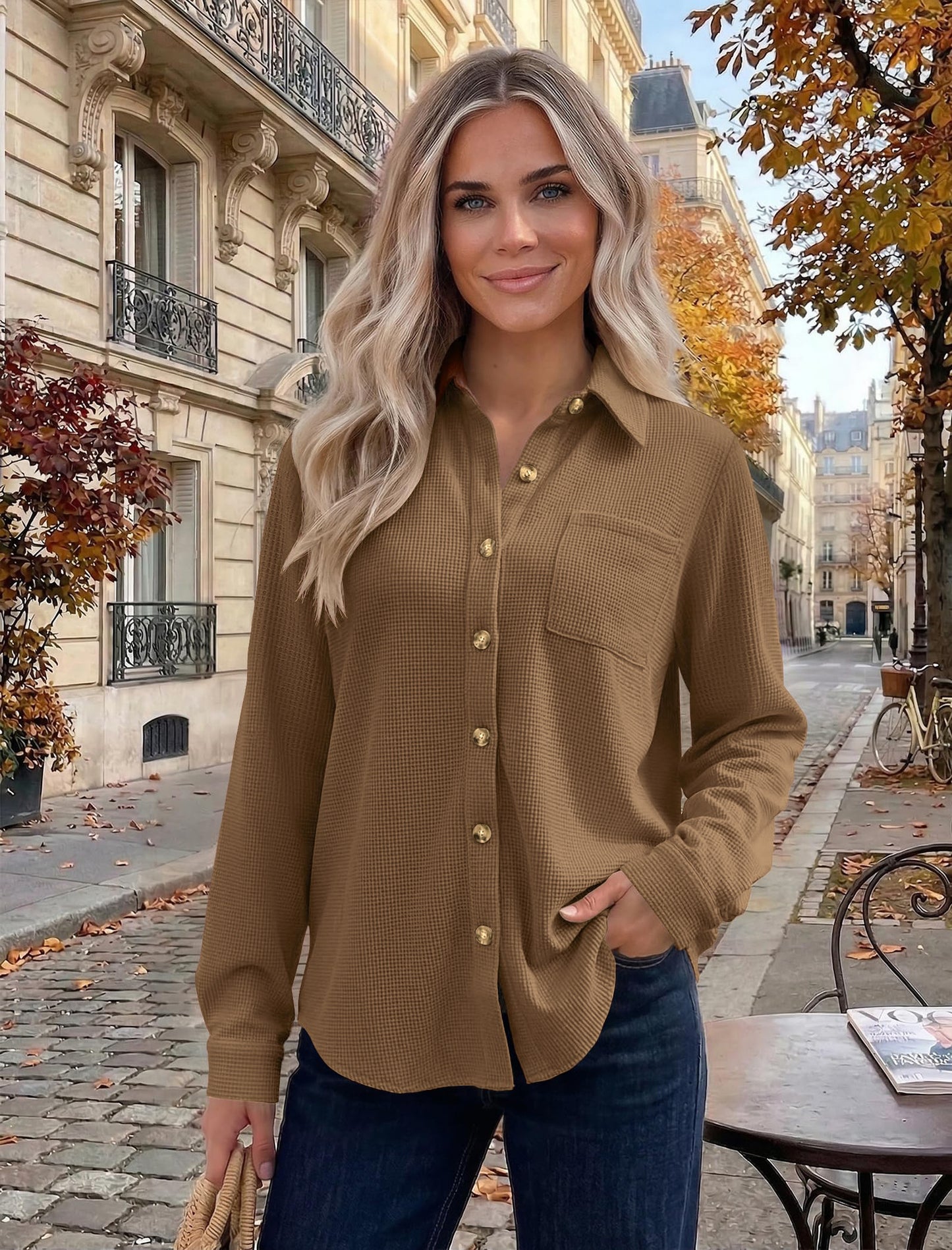 Waffle Knit Button Down Shacket Casual Long Sleeve Top