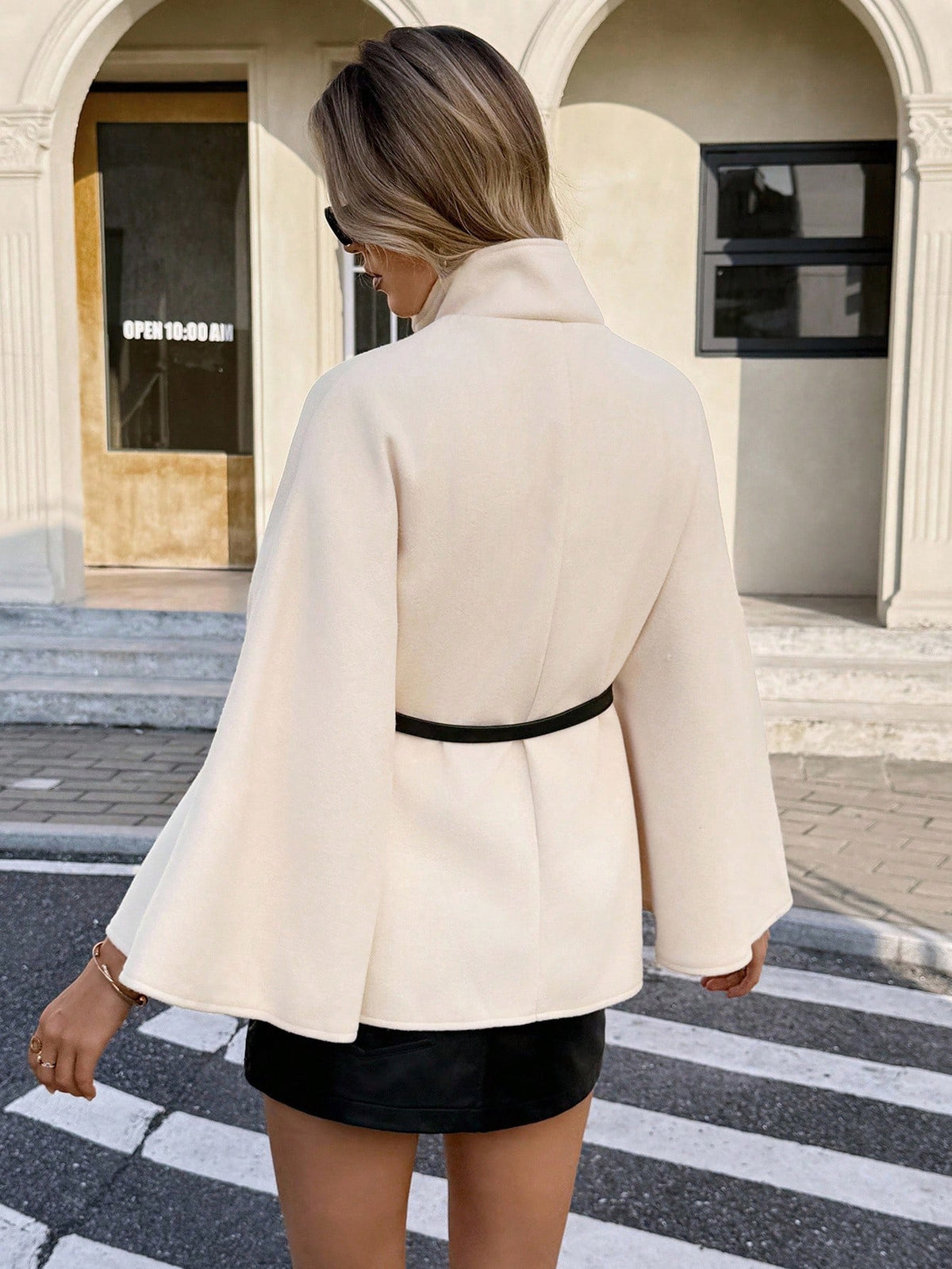 Womens Belted Stand Collar Cape Coat Batwing Sleeve