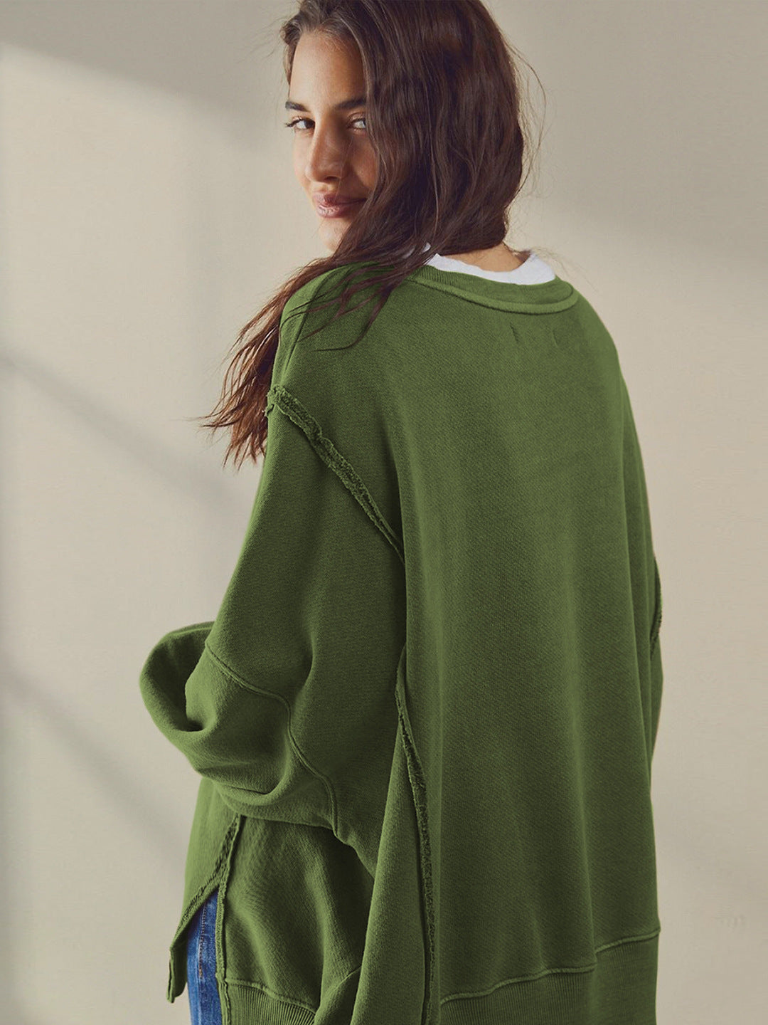 Womens Oversized Crewneck Sweatshirt Side Slit Long Sleeve