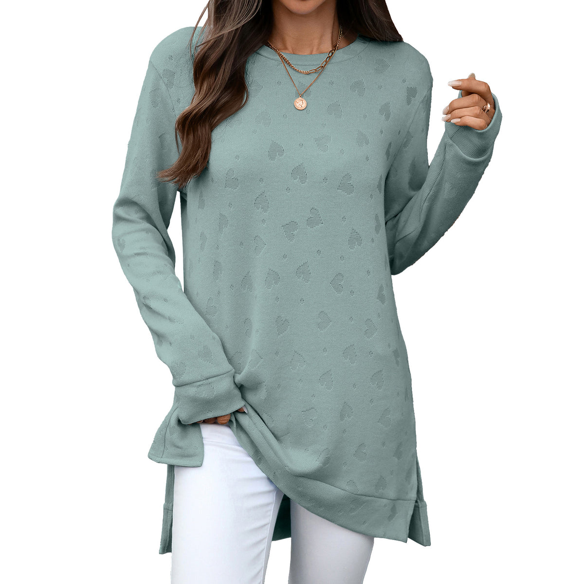 Oversized Crew Neck Long Sleeve Side Slit Knit Tunic Top