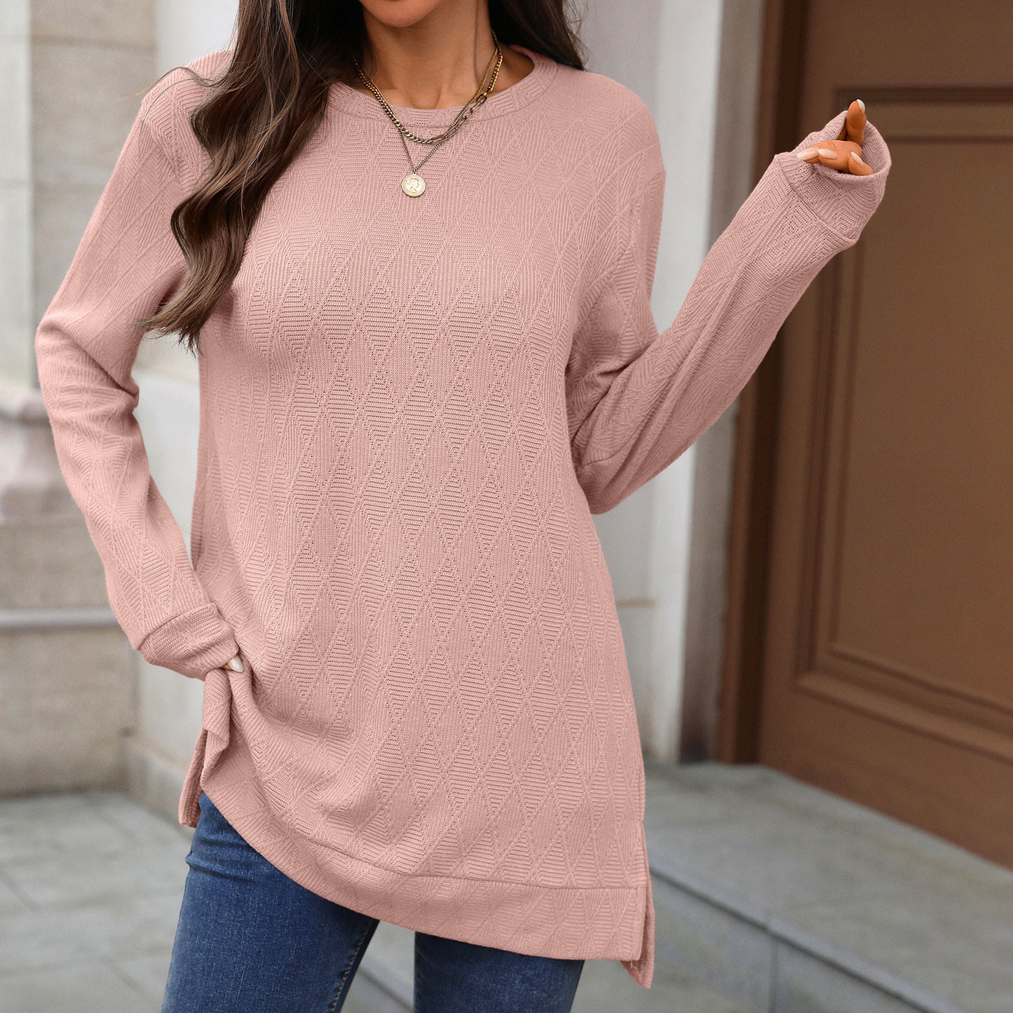 Women's Oversized Geometric Tunic Top Side Slit Long Sleeve
