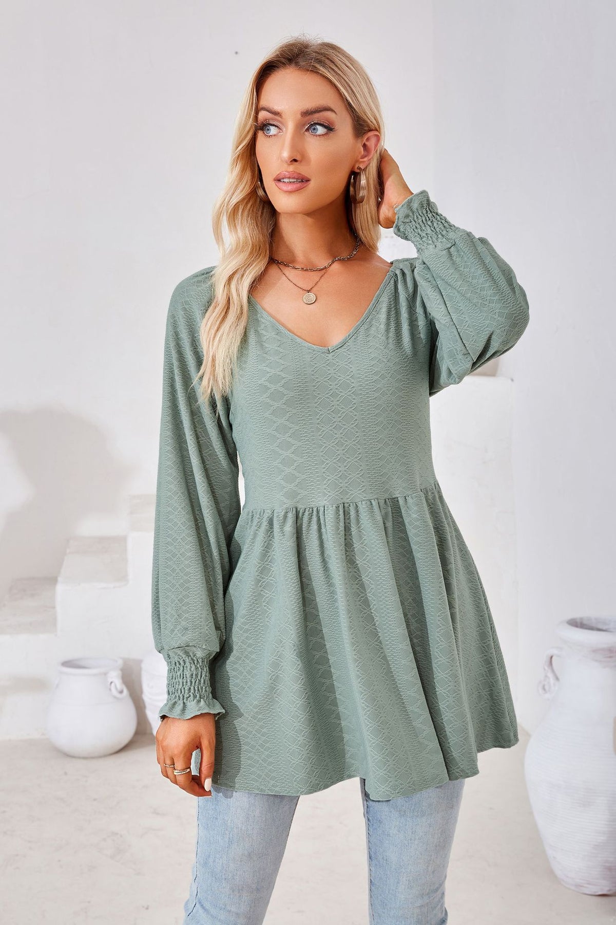 Women's V Neck Long Sleeve Textured Babydoll Tunic Top