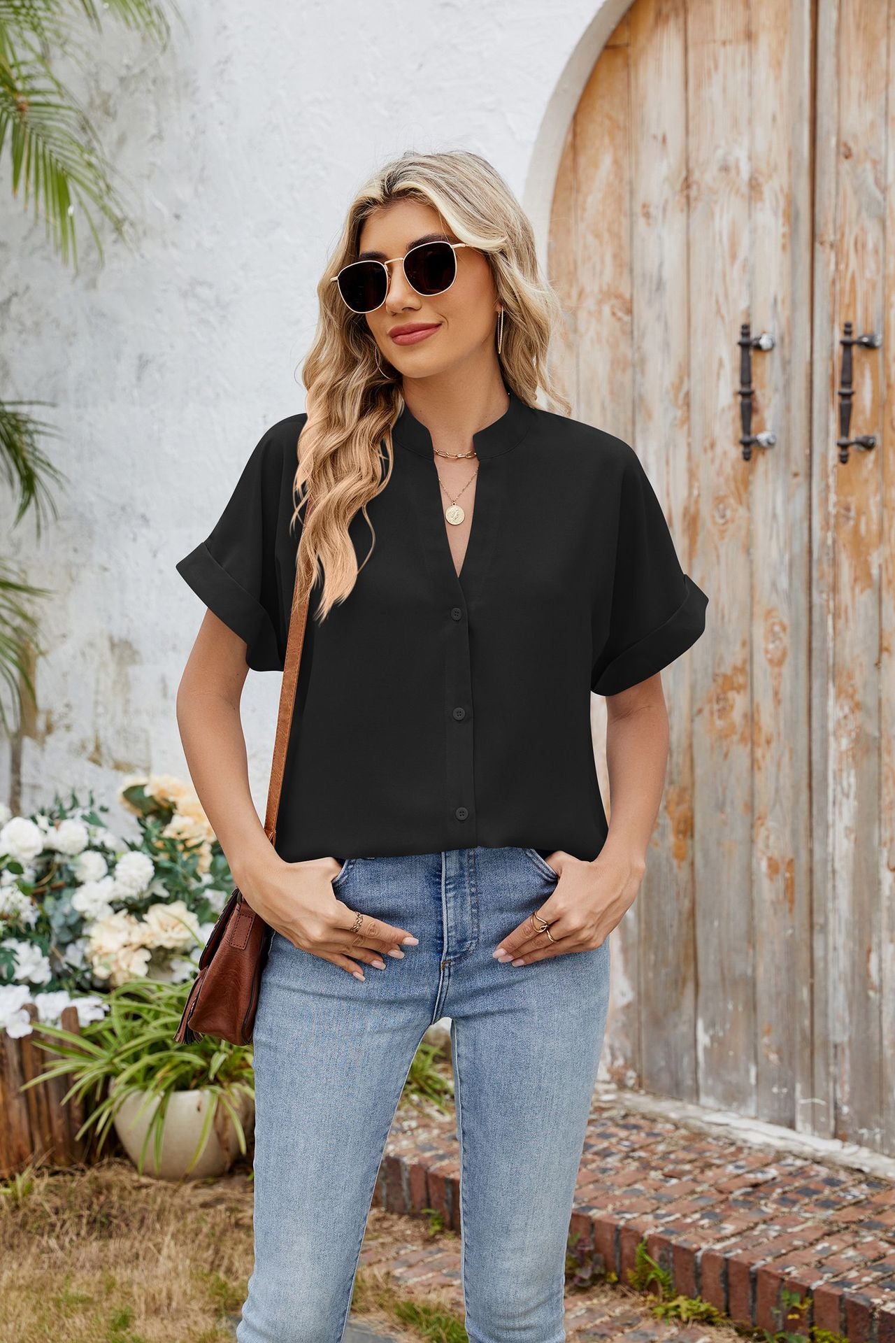 Elegant Solid Color V-Neck Short Sleeve Chiffon Blouse