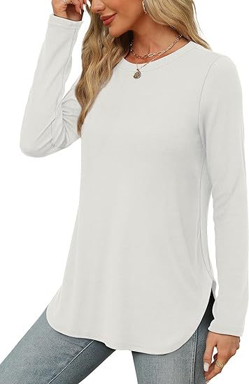 Women's Casual Long Sleeve Tunic Top Round Neck Side Slit