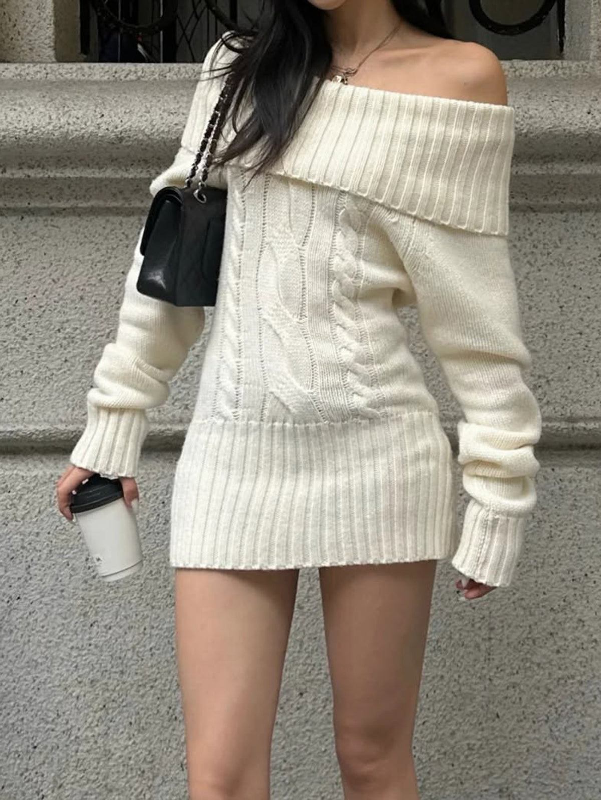 Off Shoulder Cable Knit Bodycon Sweater Dress
