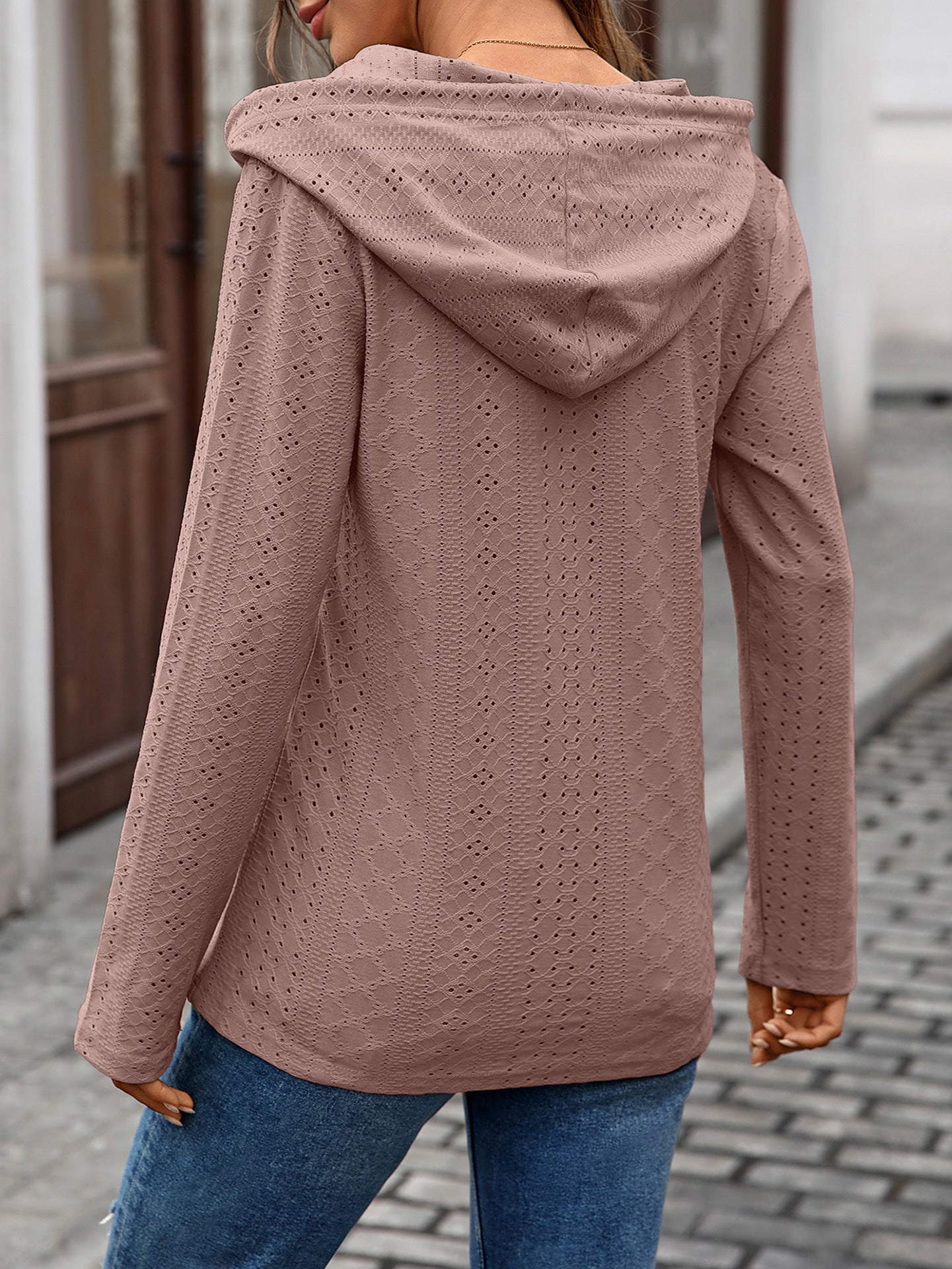 Eyelet Knit Hooded Tunic | Lightweight Button-Front Pullover
