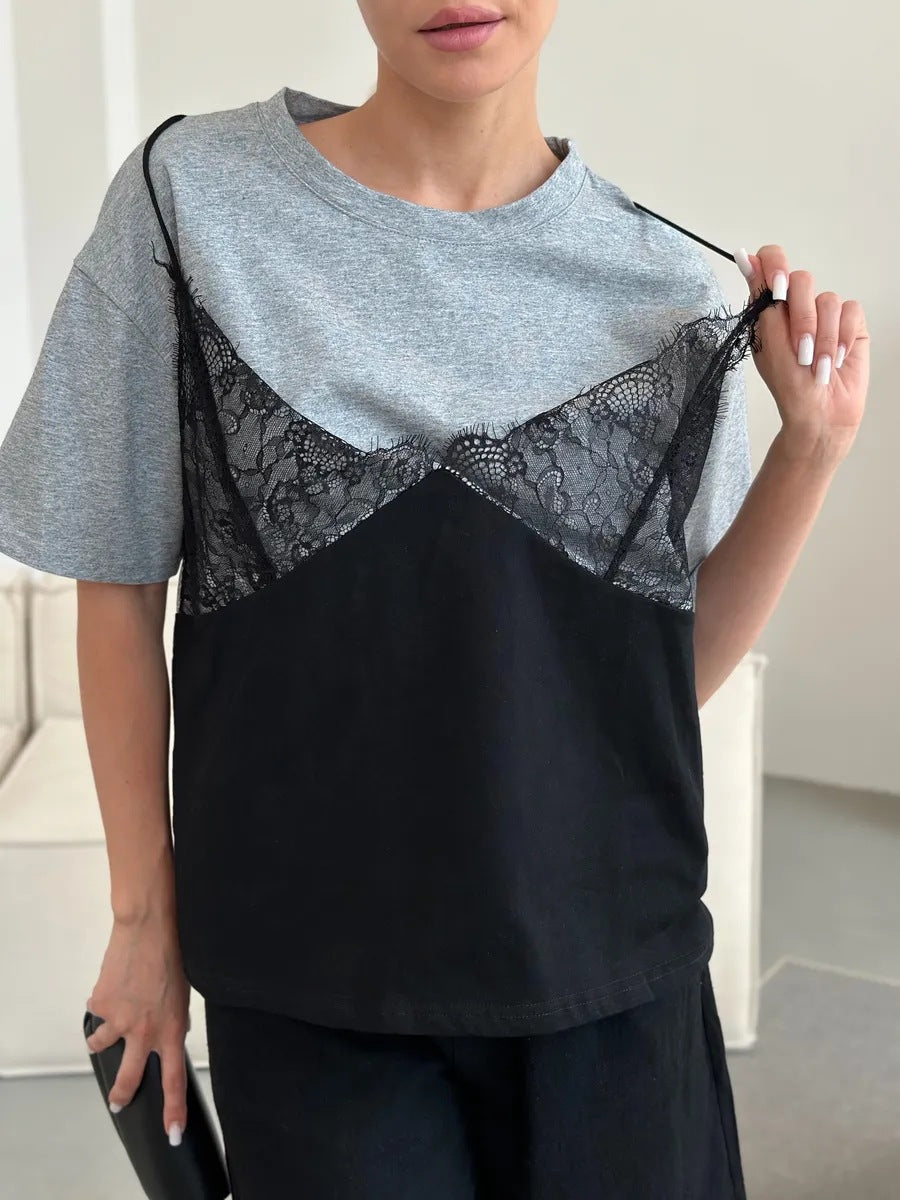 Lace Patchwork Cotton T Shirt Trendy Layered Loose Fit