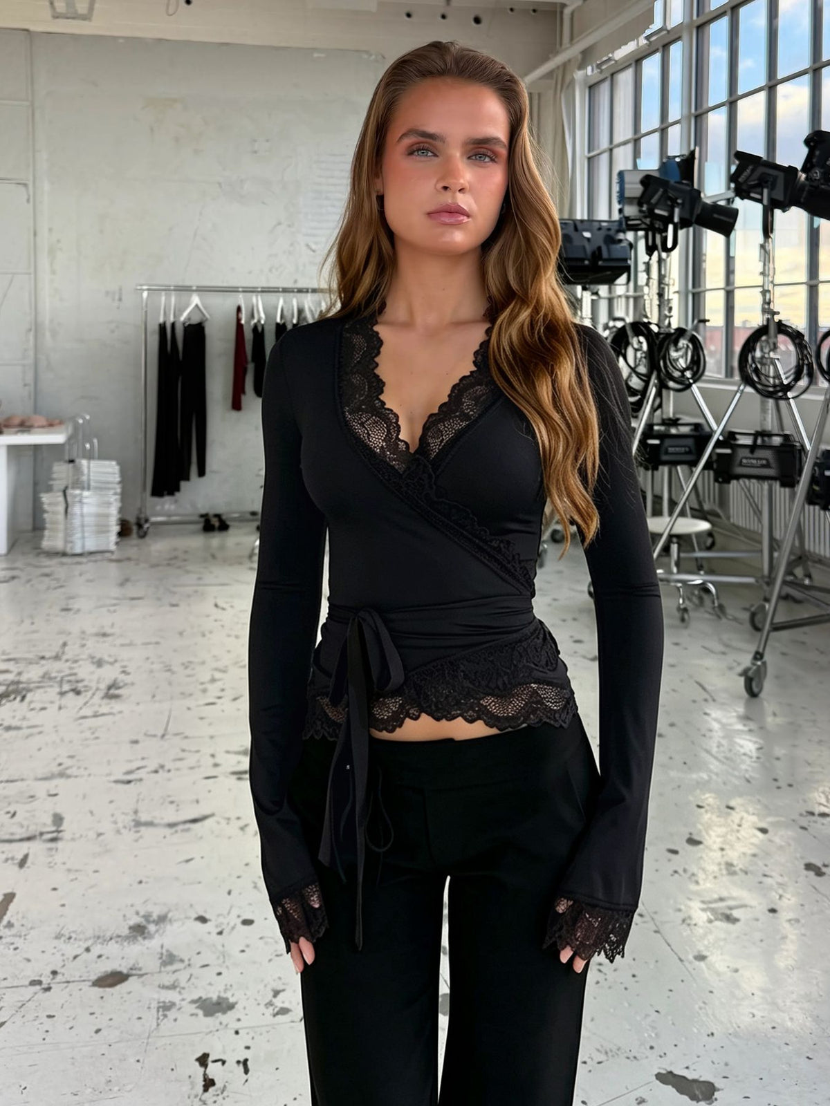 Women's Sexy Lace V Neck Wrap Top Flare Long Sleeve