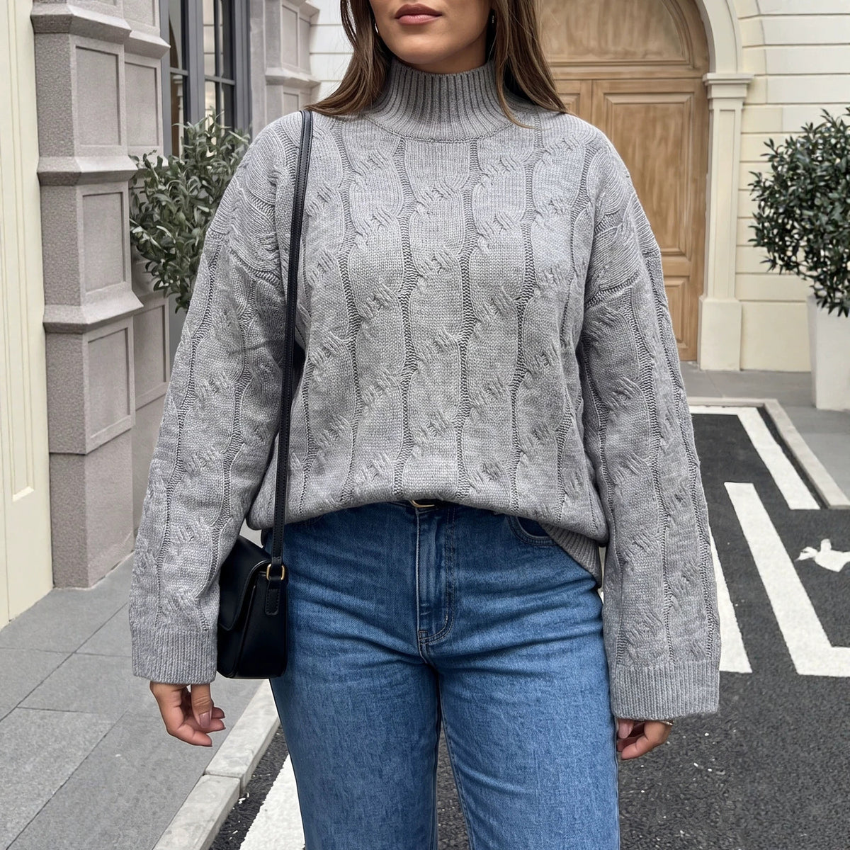 Women's Oversized Cable Knit Mock Neck Bell Sleeve Sweater
