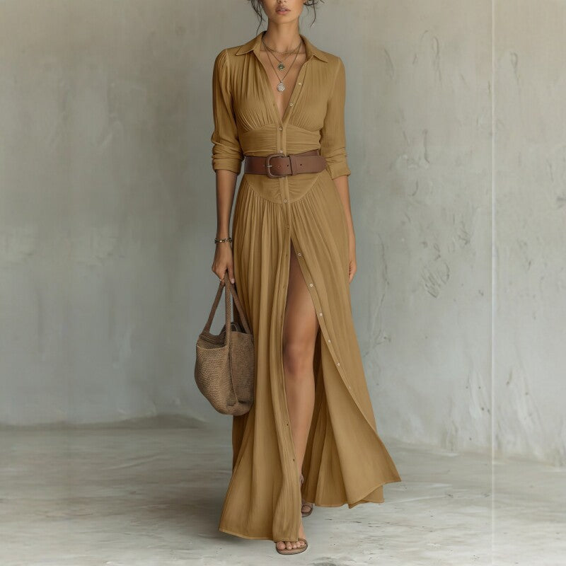 Belted V Neck Maxi Shirt Dress with Front Slit