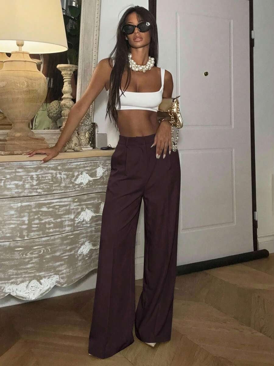 Solid High Waisted Wide Leg Dress Pants Business Work Trousers