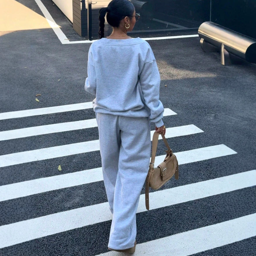 V Neck Graphic Sweatshirt Wide Leg Pants Set