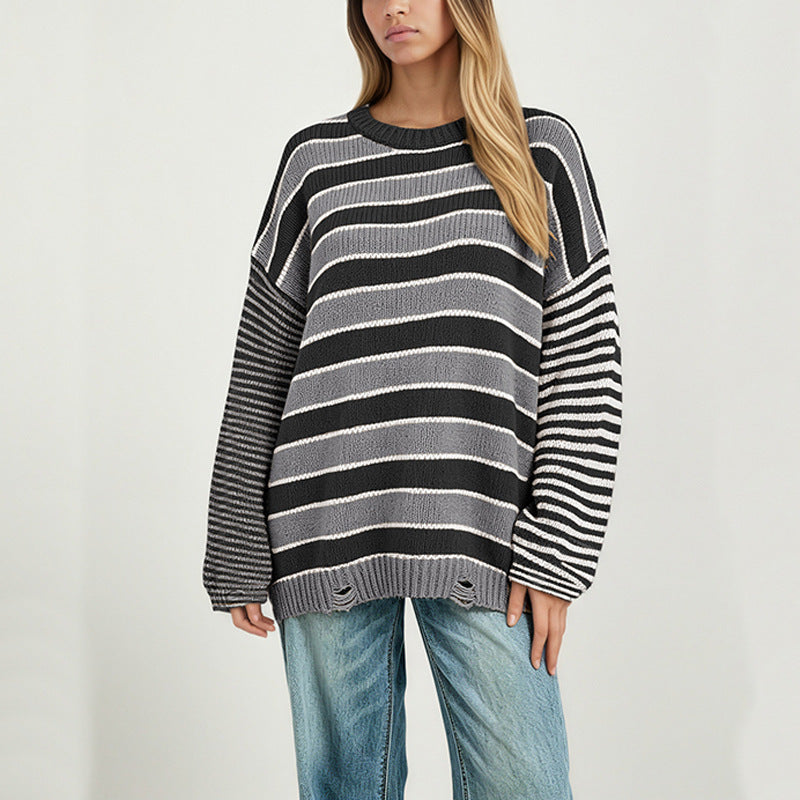 Womens Oversized Striped Crewneck Pullover Sweater