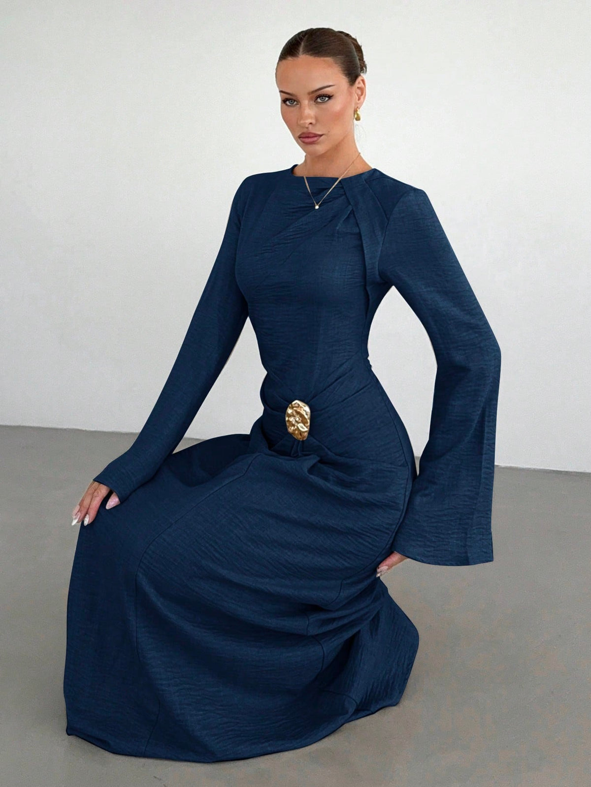 Women's Bell Sleeve Ruched Maxi Dress Gold Button