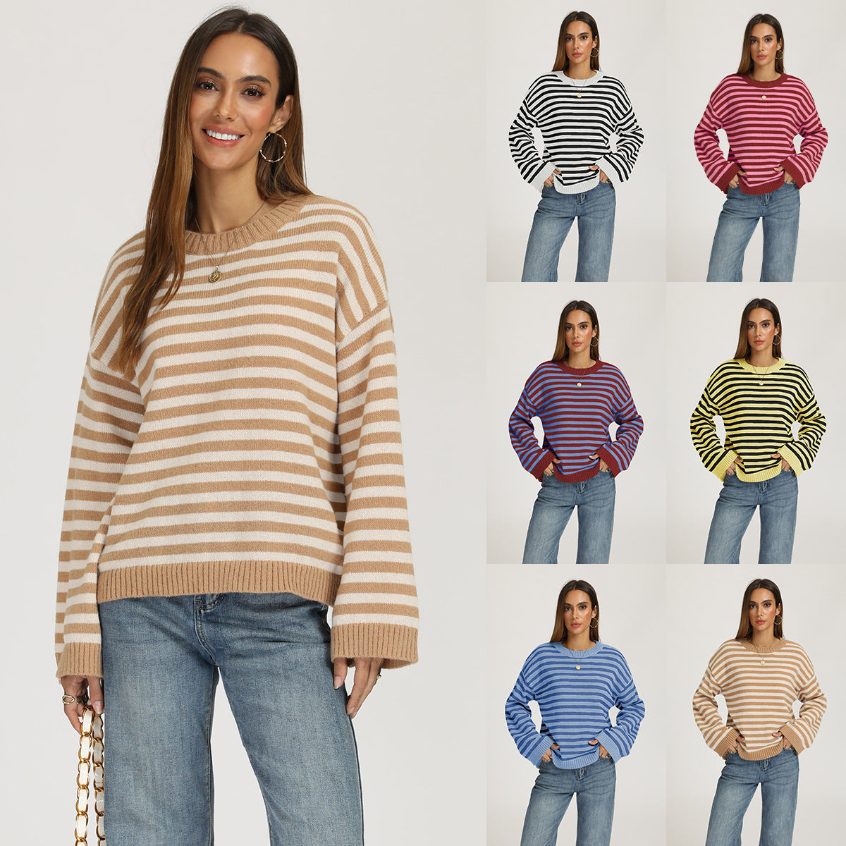 Striped Oversized Crew Neck Knit Sweater Casual Pullover