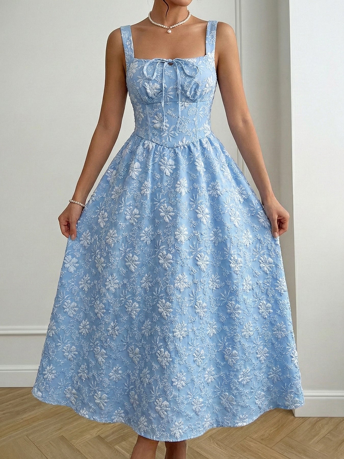 Floral Jacquard Midi Dress Square Neck A Line