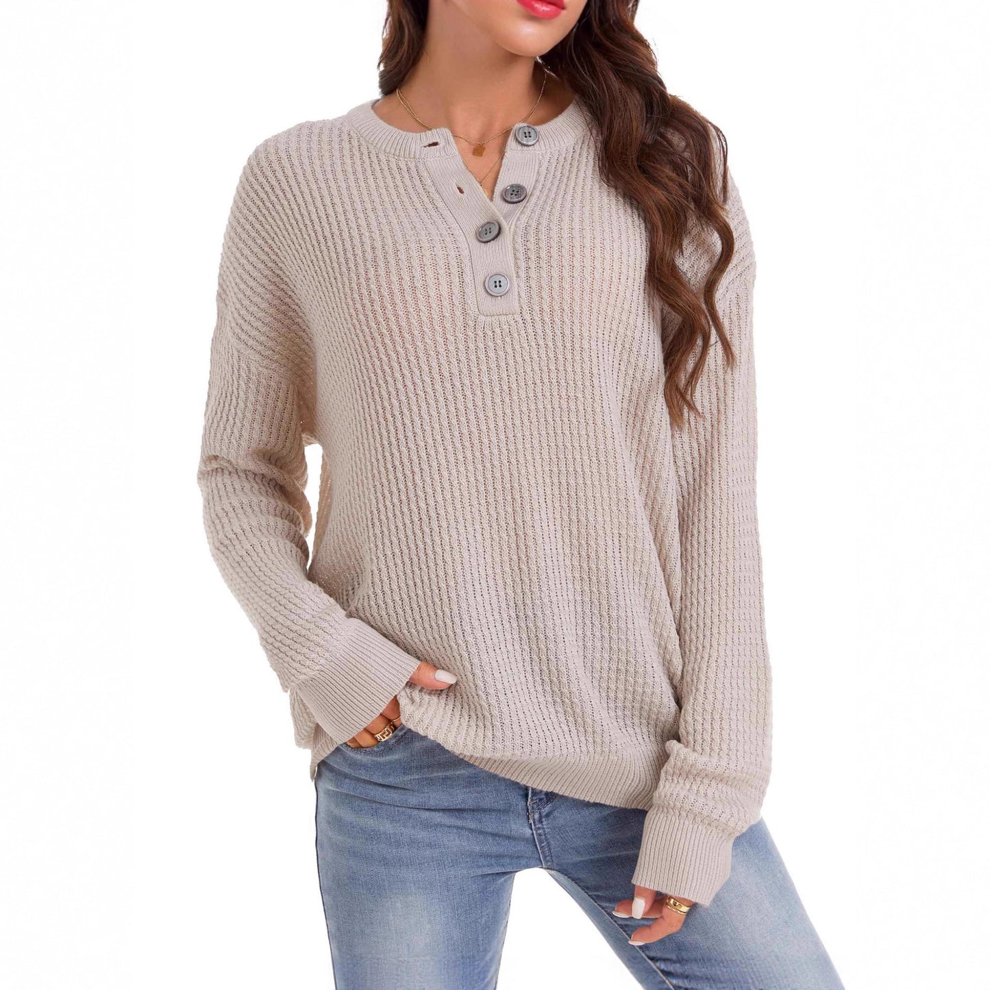 Henley Knit Sweater Button Front Relaxed Fit