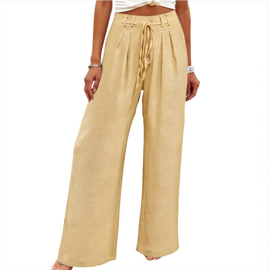 Solid Linen Wide Leg Pants Casual Drawstring Relaxed Fit