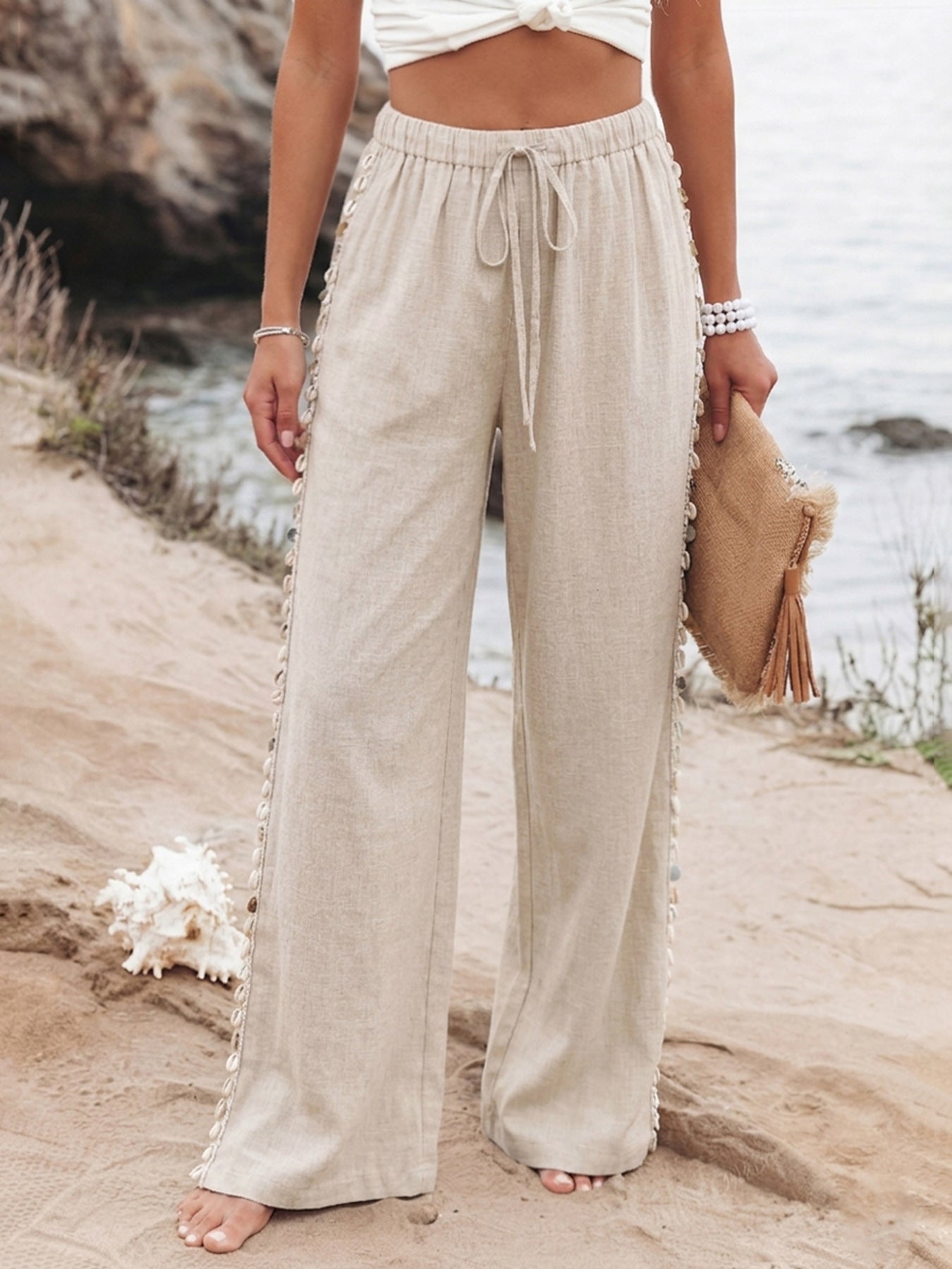 Women Drawstring Side Detail Wide Leg Beach Pants