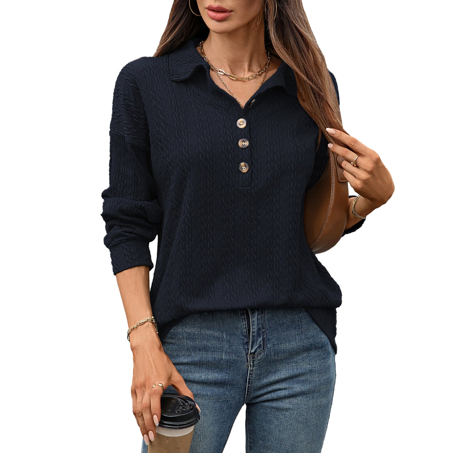 Women's Collared Button Long Sleeve Oversized Sweatshirt