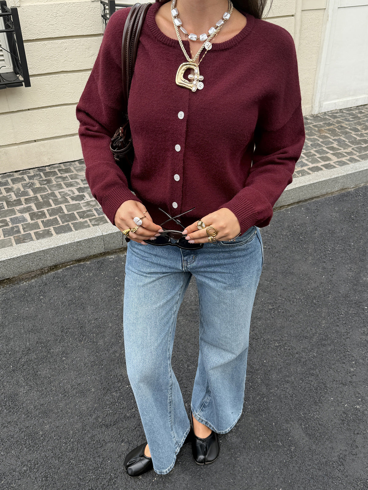Women's Burgundy Cropped Knit Cardigan Button Up