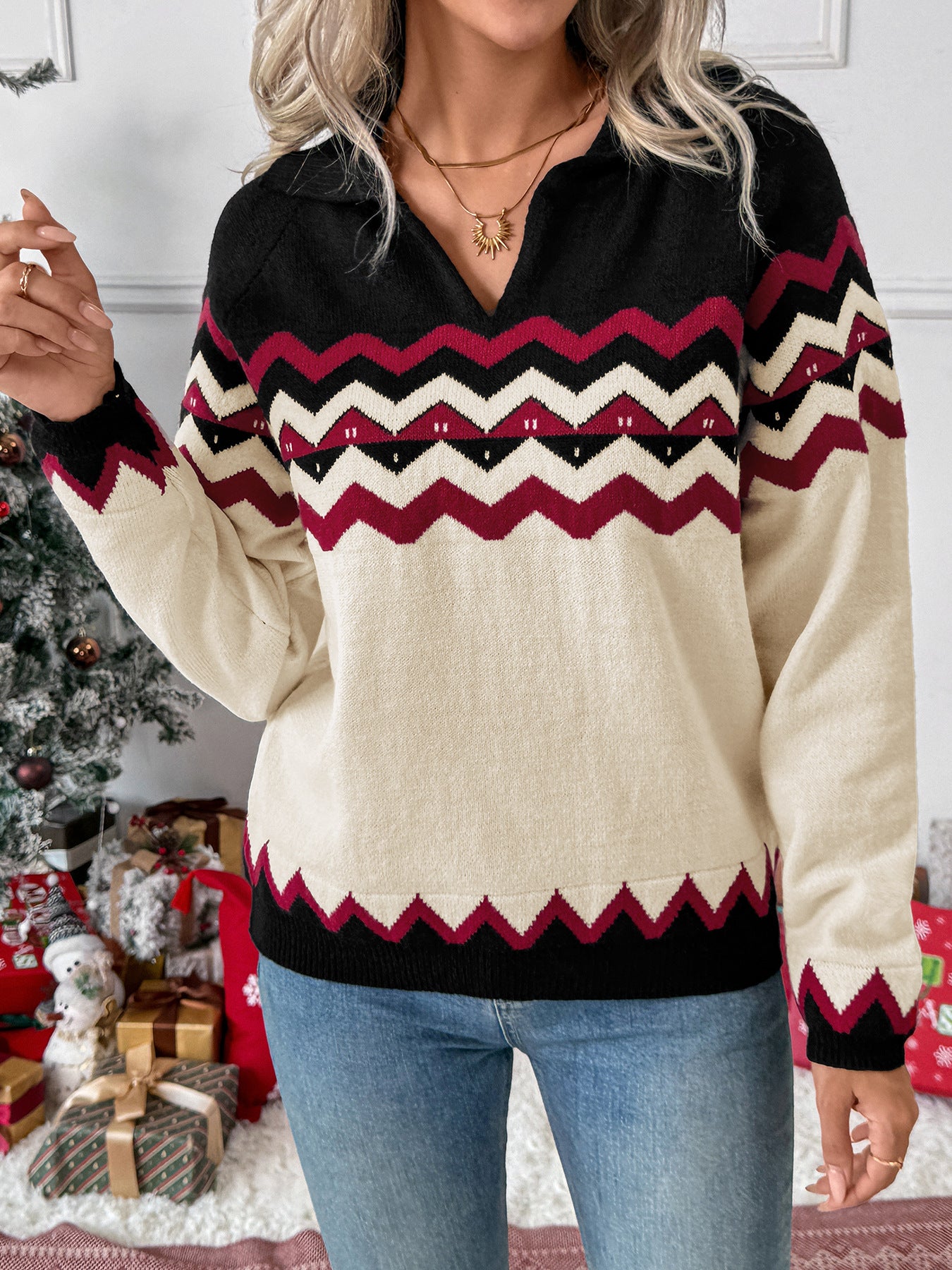 Christmas Knit Sweater Women Retro V Neck Pullover Top