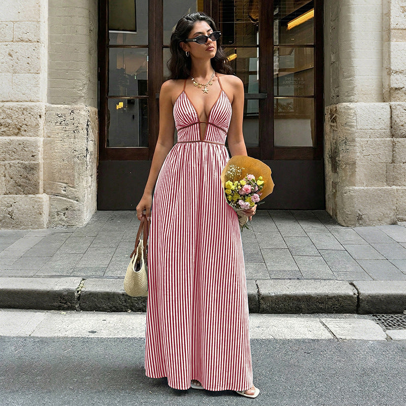 Striped Halter Backless Maxi Dress Vacation Summer