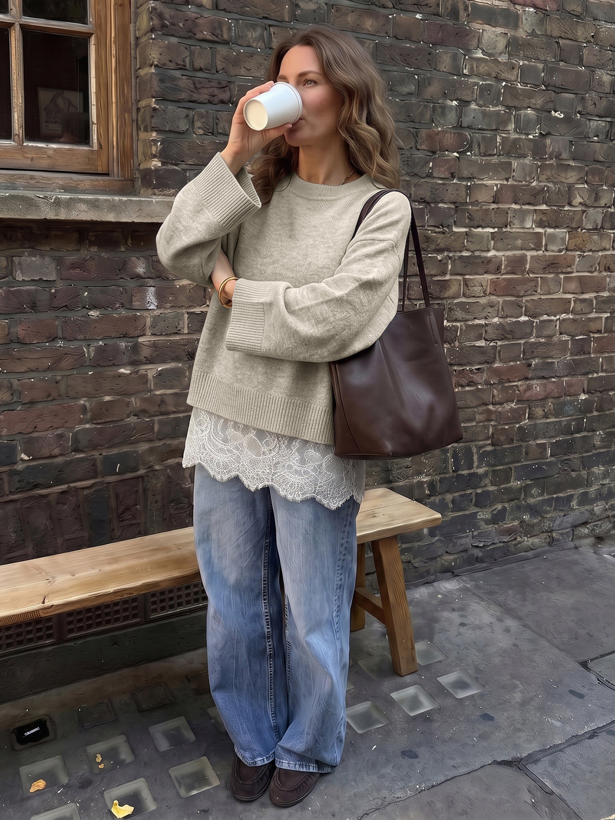 Oversized Crew Neck Sweater with Lace Hem