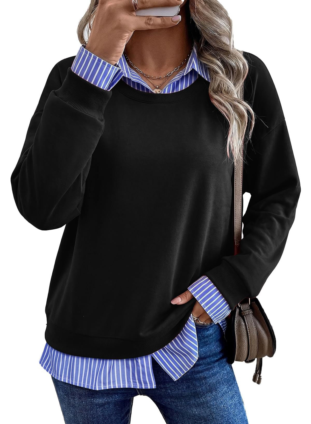 Faux Layered Crewneck Sweatshirt Striped Shirt Detail